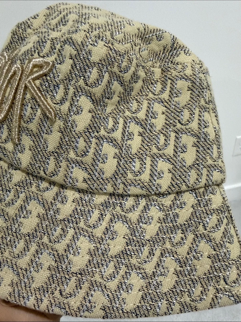 Tan and Gray Monogram Bucket Hat with Embroidered Logo